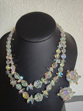 Vintage Vendome style crystal necklace & clip on earring set aurora borealis